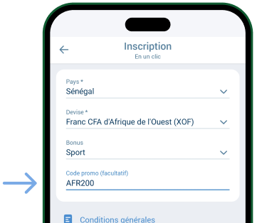 Entrer AFR200 dans le champ Télécharger 1xBet Android