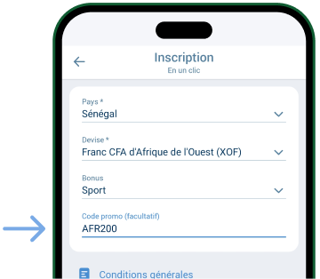 Saisir le code promo AFR200 Télécharger 1xBet Android